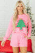 Plaid Contrasted Double Tree Patch Raglan Pullover Short Set