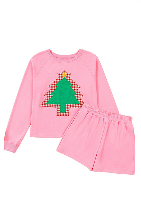Plaid Contrasted Double Tree Patch Raglan Pullover Short Set