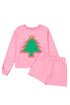 Plaid Contrasted Double Tree Patch Raglan Pullover Short Set