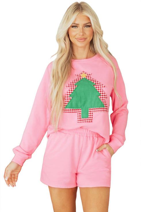 Plaid Contrasted Double Tree Patch Raglan Pullover Short Set