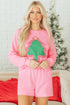 Plaid Contrasted Double Tree Patch Raglan Pullover Short Set