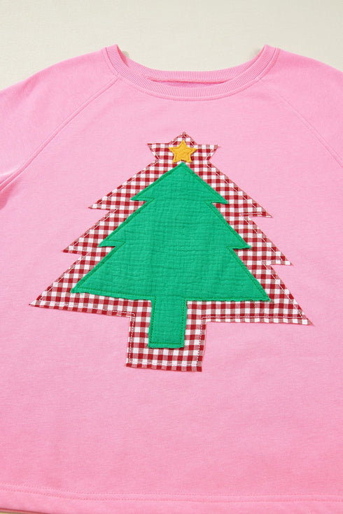 Plaid Contrasted Double Tree Patch Raglan Pullover Short Set