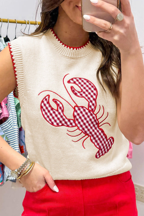 Plaid Crawfish Graphic Crew Neck Knit Sweater Vest