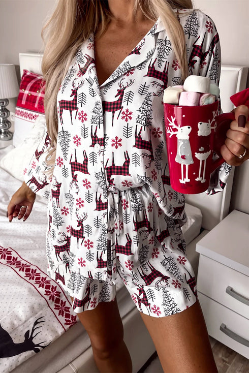 Plaid Deer Print Button Down Viscose Sleepwear Set