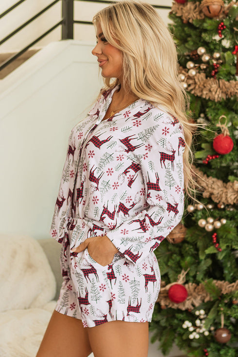 Plaid Deer Print Button Down Viscose Sleepwear Set