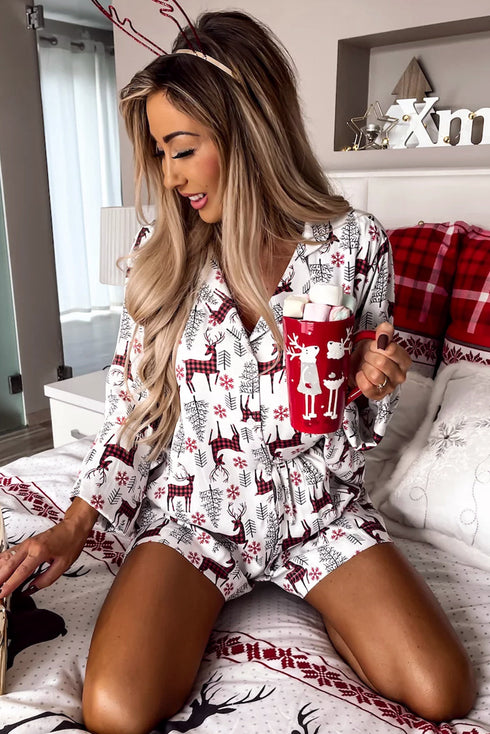 Plaid Deer Print Button Down Viscose Sleepwear Set