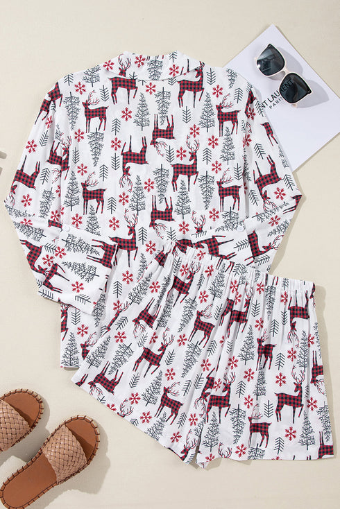 Plaid Deer Print Button Down Viscose Sleepwear Set