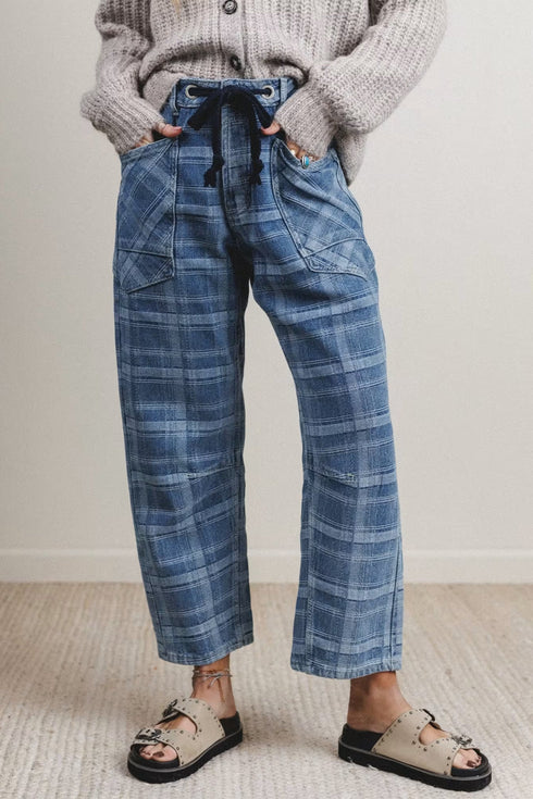 Plaid Denim Grommet Drawstring Waist Ankle Length Jeans