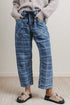 Plaid Denim Grommet Drawstring Waist Ankle Length Jeans