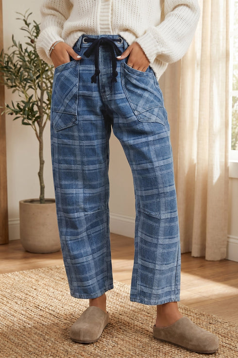 Plaid Denim Grommet Drawstring Waist Ankle Length Jeans