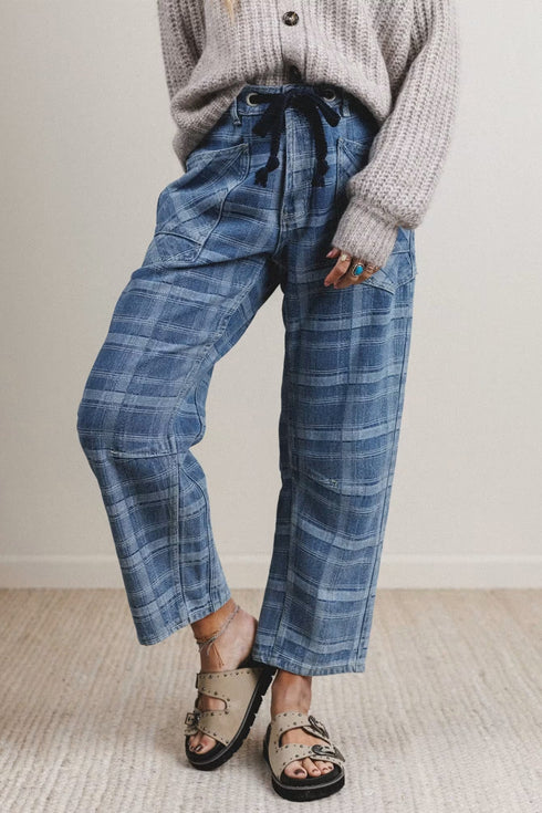 Plaid Denim Grommet Drawstring Waist Ankle Length Jeans