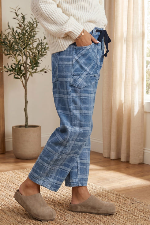 Plaid Denim Grommet Drawstring Waist Ankle Length Jeans