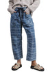 Plaid Denim Grommet Drawstring Waist Ankle Length Jeans