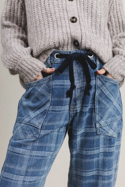 Plaid Denim Grommet Drawstring Waist Ankle Length Jeans