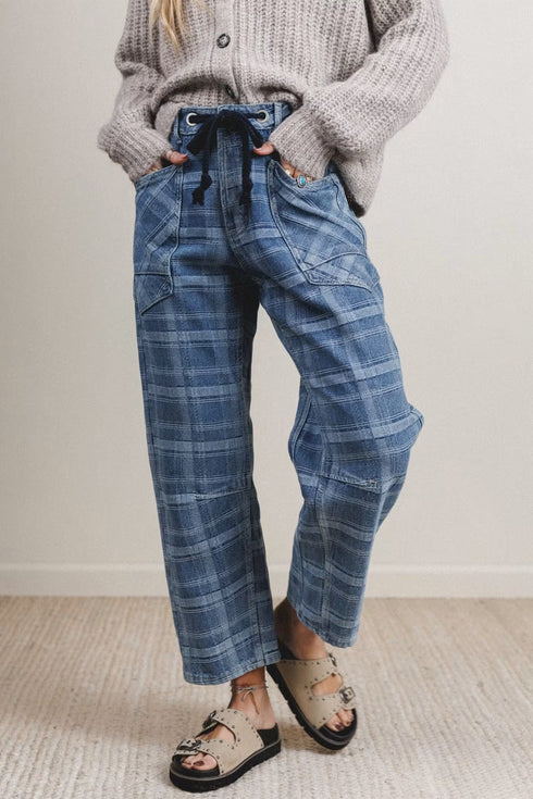 Plaid Denim Grommet Drawstring Waist Ankle Length Jeans