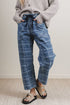 Plaid Denim Grommet Drawstring Waist Ankle Length Jeans