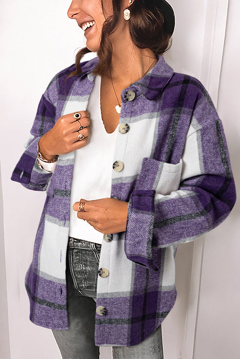 Plaid Drop Shoulder Button Front Patch Pocket Shackets