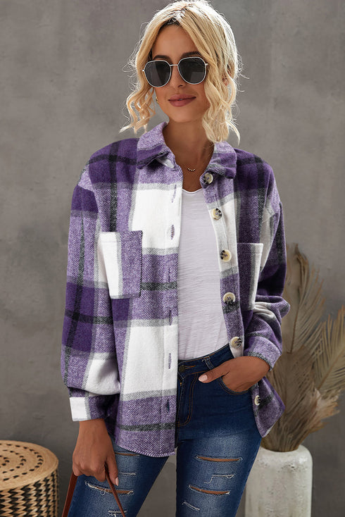 Plaid Drop Shoulder Button Front Patch Pocket Shackets