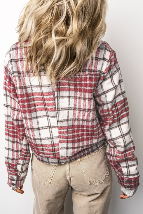 Plaid Flannel Metal Button Collar Long Sleeve Shift Jacket
