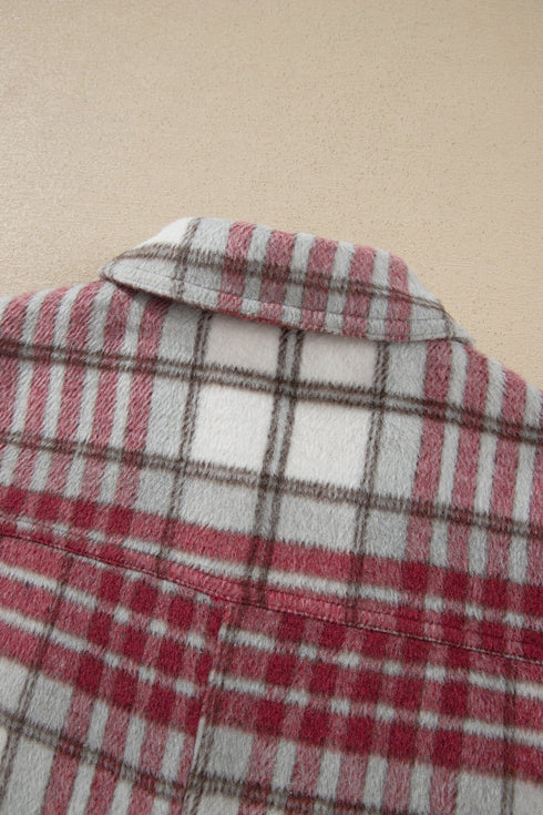 Plaid Flannel Metal Button Collar Long Sleeve Shift Jacket