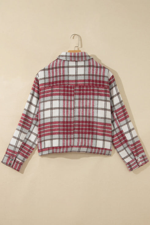 Plaid Flannel Metal Button Collar Long Sleeve Shift Jacket