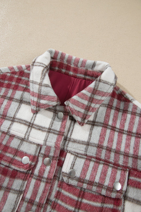 Plaid Flannel Metal Button Collar Long Sleeve Shift Jacket