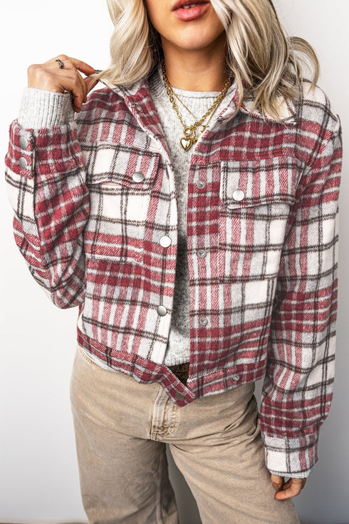 Plaid Flannel Metal Button Collar Long Sleeve Shift Jacket