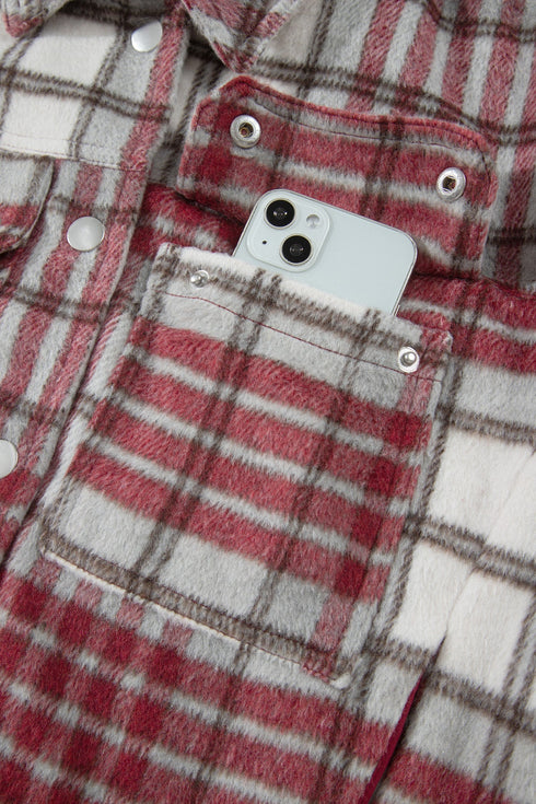 Plaid Flannel Metal Button Collar Long Sleeve Shift Jacket