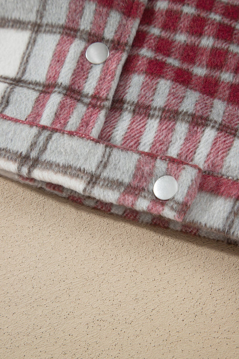 Plaid Flannel Metal Button Collar Long Sleeve Shift Jacket