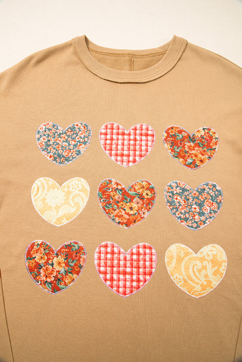 Plaid Floral Heart Applique Exposed Seam Mineral Wash Sweatshirt