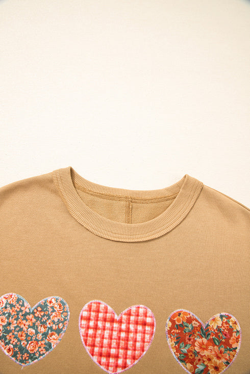 Plaid Floral Heart Applique Exposed Seam Mineral Wash Sweatshirt