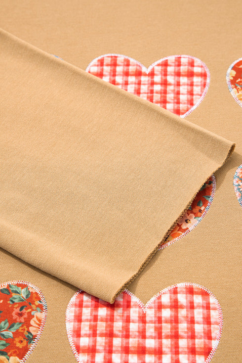 Plaid Floral Heart Applique Exposed Seam Mineral Wash Sweatshirt