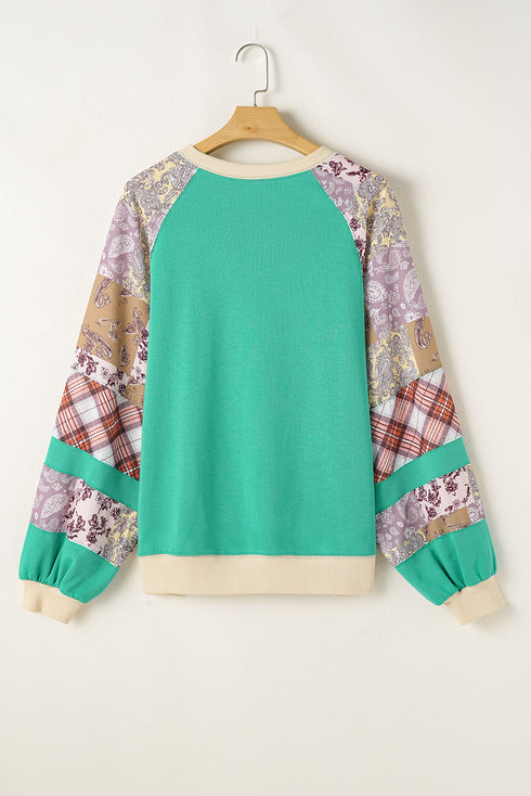 Plaid Floral Patchwork Applique Raglan Sleeve Sweatshirt