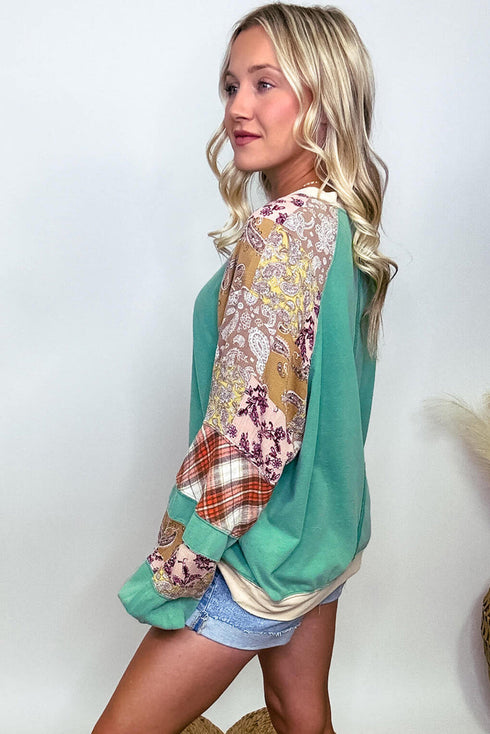 Plaid Floral Patchwork Applique Raglan Sleeve Sweatshirt