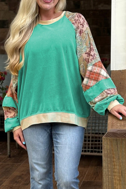 Plaid Floral Patchwork Applique Raglan Sleeve Sweatshirt