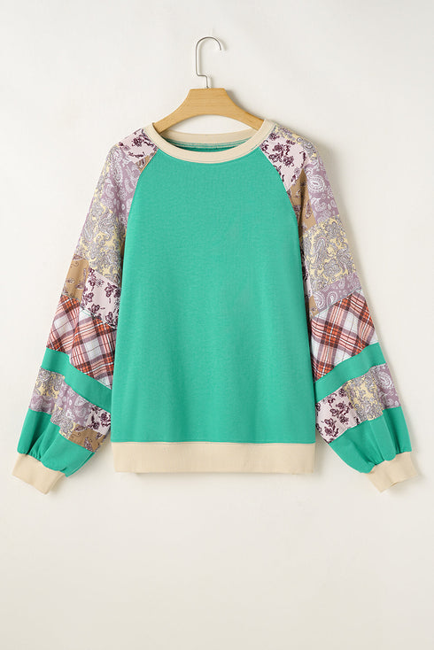 Plaid Floral Patchwork Applique Raglan Sleeve Sweatshirt