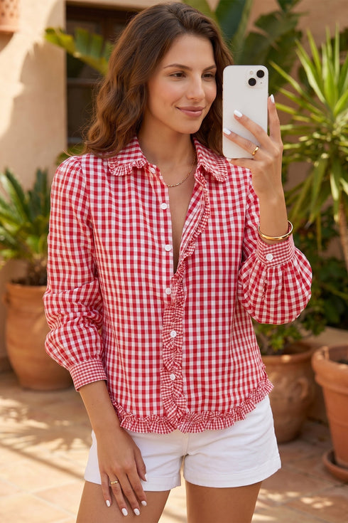 Plaid Frill Detail Long Sleeve Button Down Casual Shirt