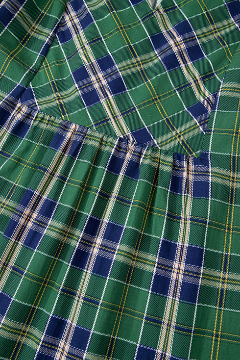 Plaid Frilled Collar Notched V Neck Tiered Long Sleeve Mini Dress