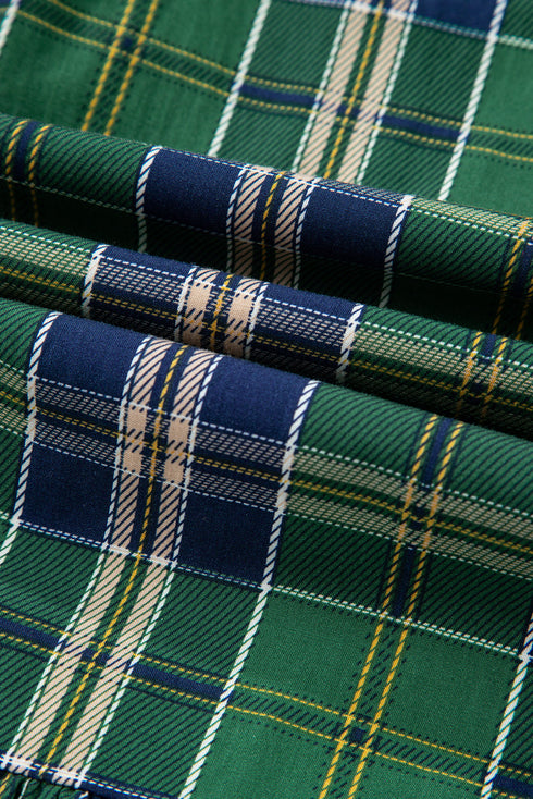 Plaid Frilled Collar Notched V Neck Tiered Long Sleeve Mini Dress