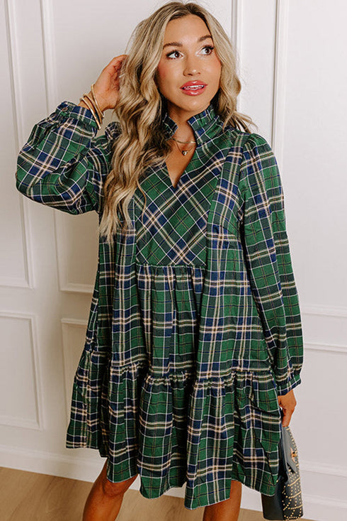 Plaid Frilled Collar Notched V Neck Tiered Long Sleeve Mini Dress