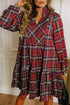 Plaid Frilled Collar Notched V Neck Tiered Long Sleeve Mini Dress