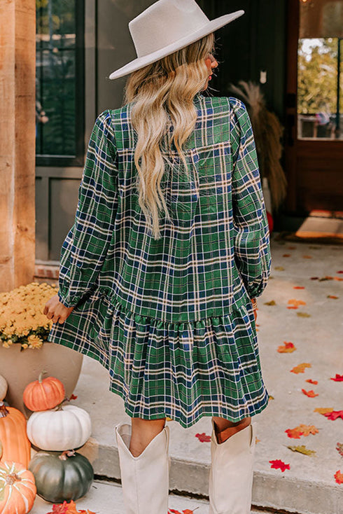 Plaid Frilled Collar Notched V Neck Tiered Long Sleeve Mini Dress