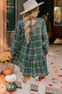 Plaid Frilled Collar Notched V Neck Tiered Long Sleeve Mini Dress