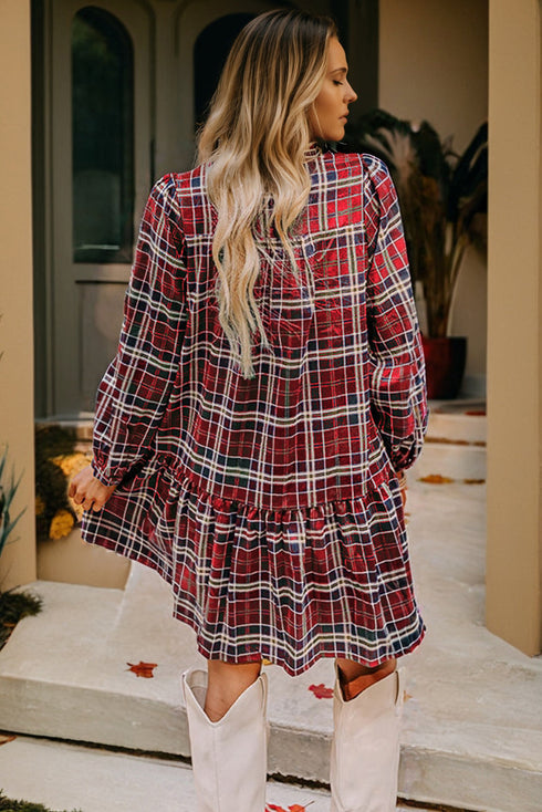 Plaid Frilled Collar Notched V Neck Tiered Long Sleeve Mini Dress