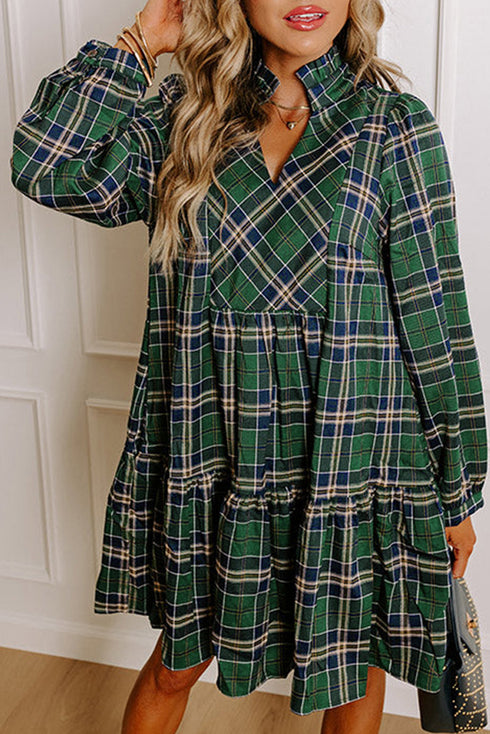 Plaid Frilled Collar Notched V Neck Tiered Long Sleeve Mini Dress