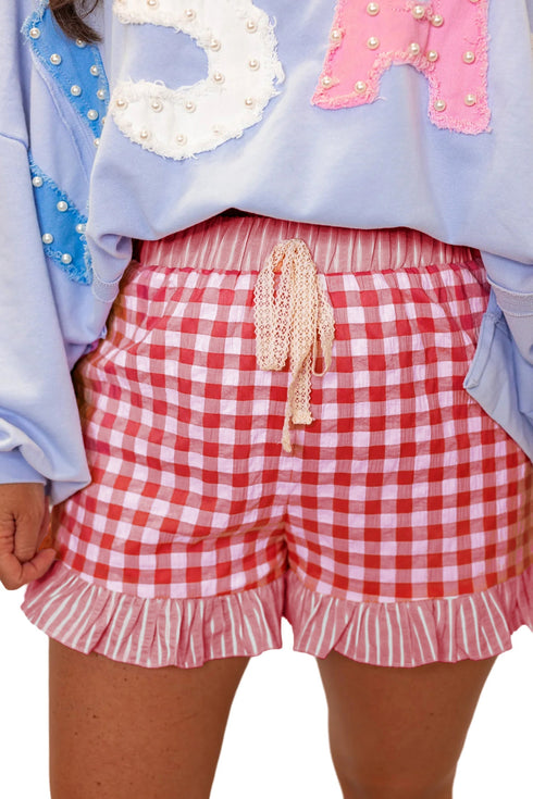 Plaid Gingham Ruffle Striped Lace Tie Casual Shorts