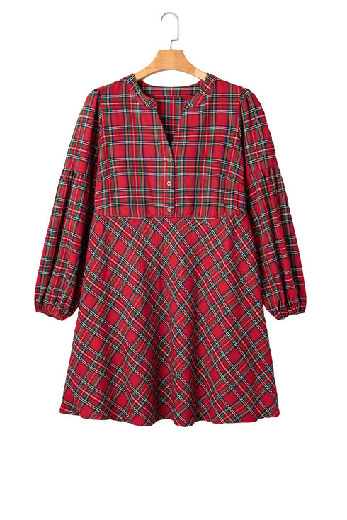 Plaid Half Button Long Sleeve A Line Mini Dress