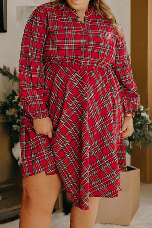 Plaid Half Button Long Sleeve A Line Mini Dress
