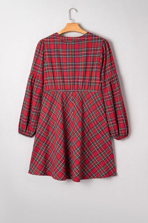 Plaid Half Button Long Sleeve A Line Mini Dress