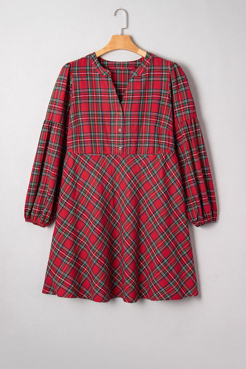 Plaid Half Button Long Sleeve A Line Mini Dress